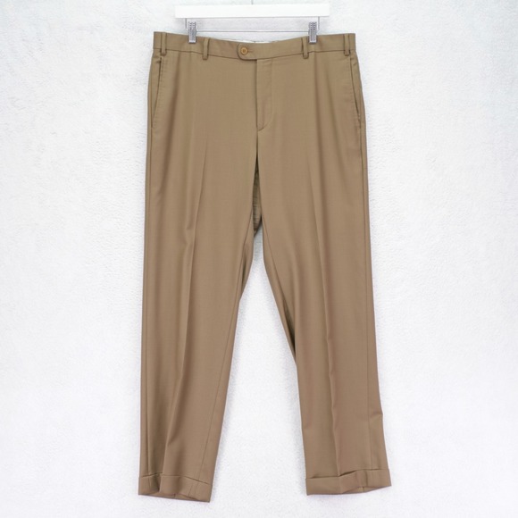 Zanella Super 120s Wool Dress Pants Trousers Brown Green -37 / 31- Flat Front